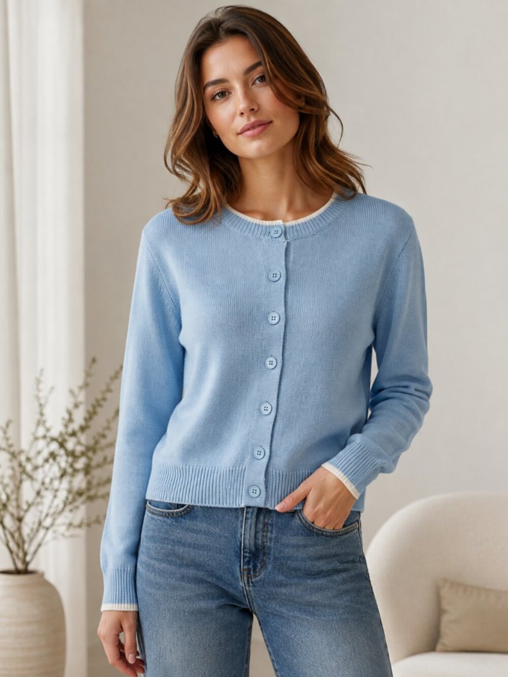 Derowome Baby Blue Knit Cardigan White Trim Button Front Sweater Size M